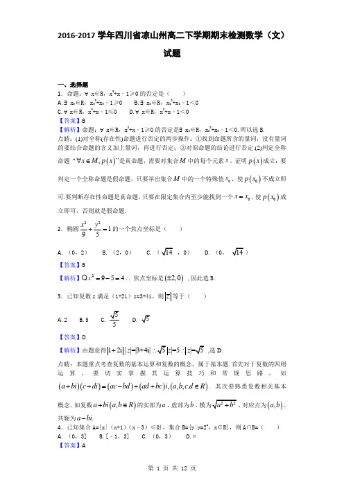 2016-2017学年四川省凉山州高二下学期期末检测数学(文)试题(解析版)