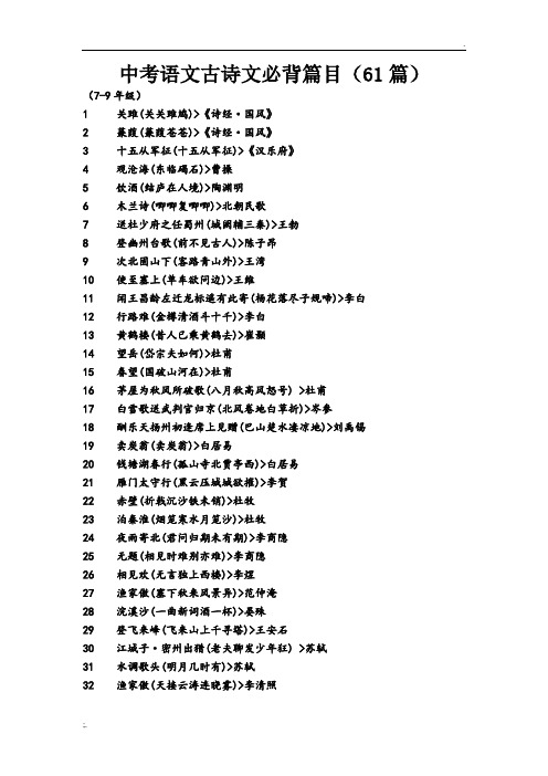 中考语文古诗文必背篇目(61篇)