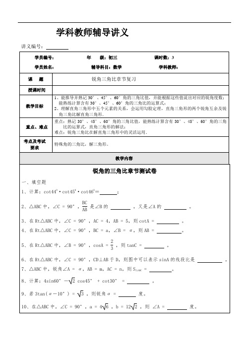 上海初三上数学专题训练之锐角三角比章节复习