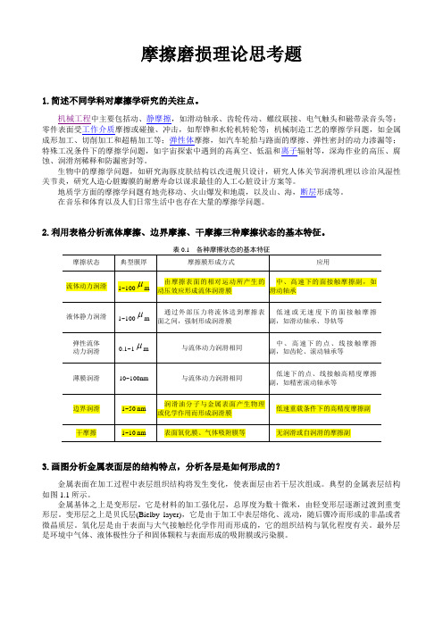 哈工大研究生摩擦磨损学位课思考题及答案(考试内容)