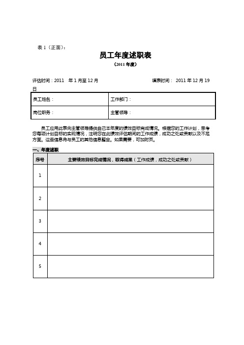 2011年度员工绩效评估表(员工个人评估填写表)