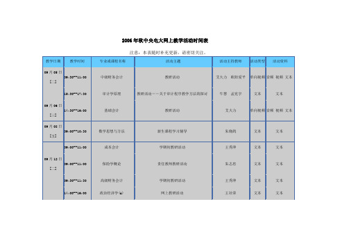 2006年秋中央电大网上教学活动时间表