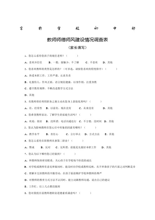 家长对教师师德评价表