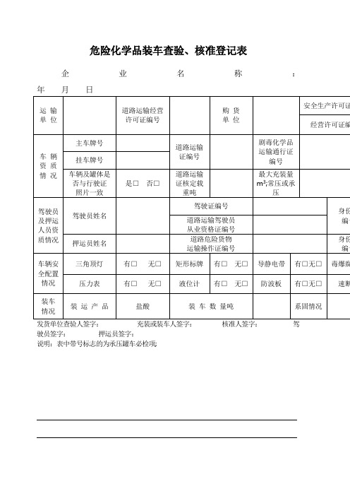 危险化学品装卸车查验核准登记表