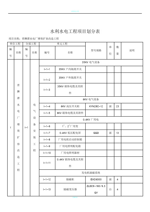 水利水电工程项目划分表