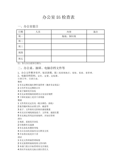 办公室5s检查表