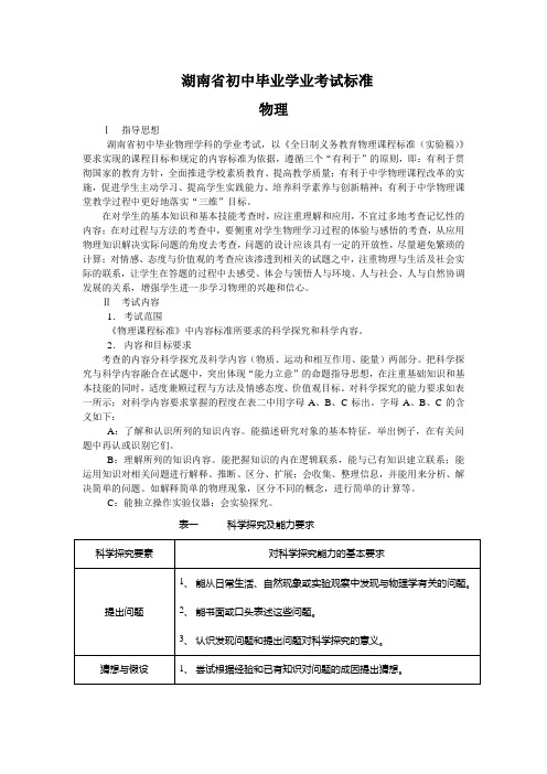 湖南省初中毕业学业考试标准物理