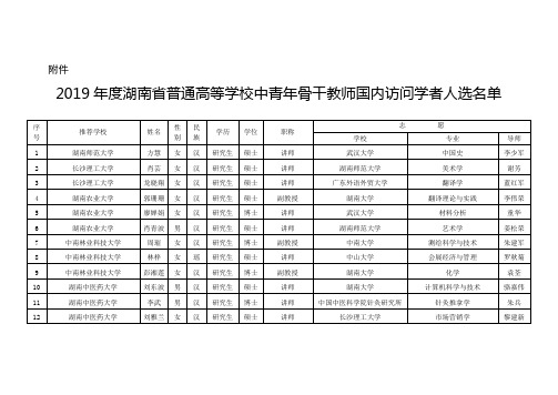 2019年度湖南省普通高等学校中青年骨干教师国内访问学者人选名单