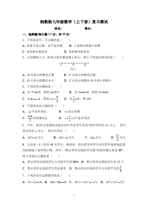 新湘教版七年级数学复习测试卷(含答案)