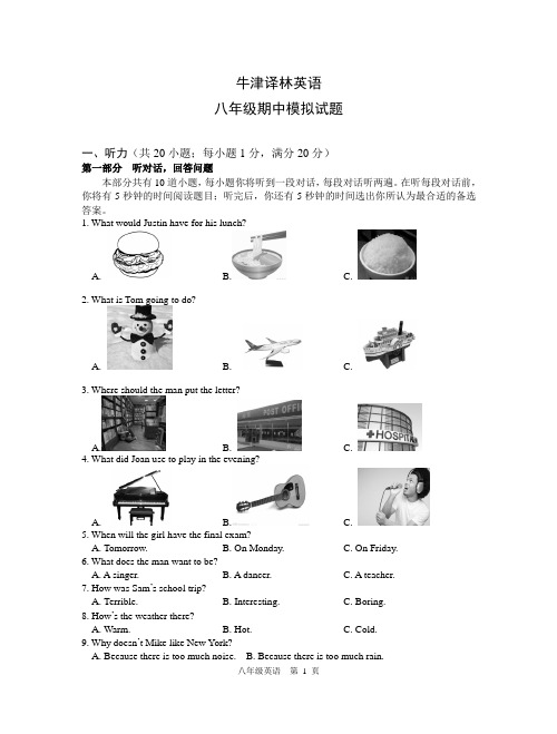 牛津译林英语八年级下册期中模拟试卷