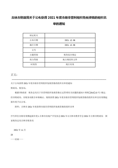 吉林市财政局关于公布获得2021年度市级非营利组织免税资格的组织名单的通知-