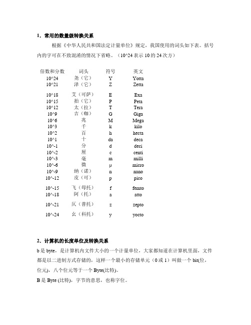 常用单位的换算(含温度、长度、计算机单位、面积以及数量级含义)