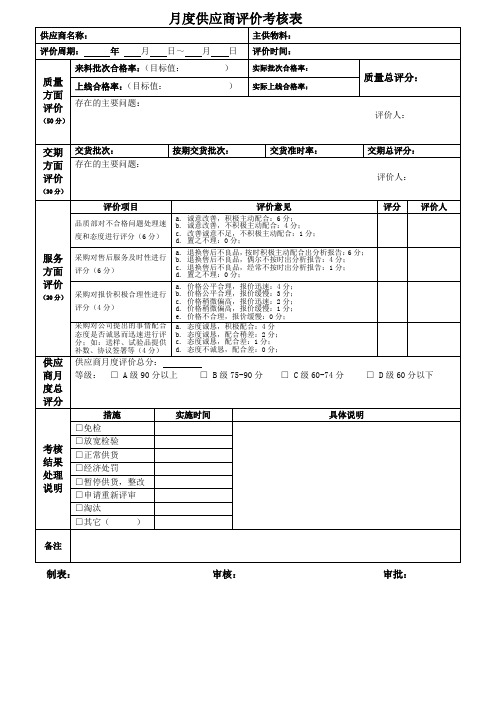 月度供应商评价考核表