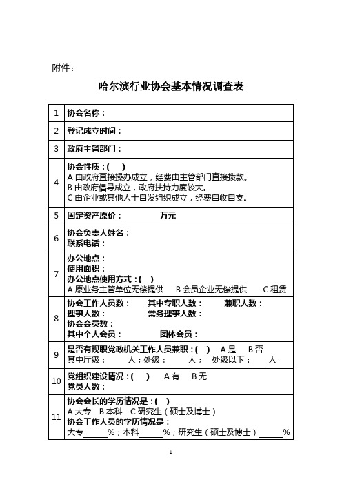 哈尔滨行业协会基本情况调查表