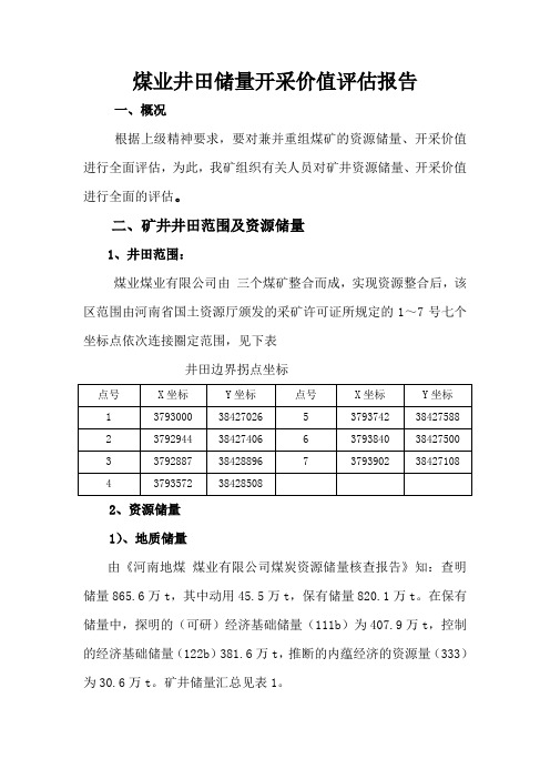 矿井资源储量开采价值评估报告doc 2 (1)