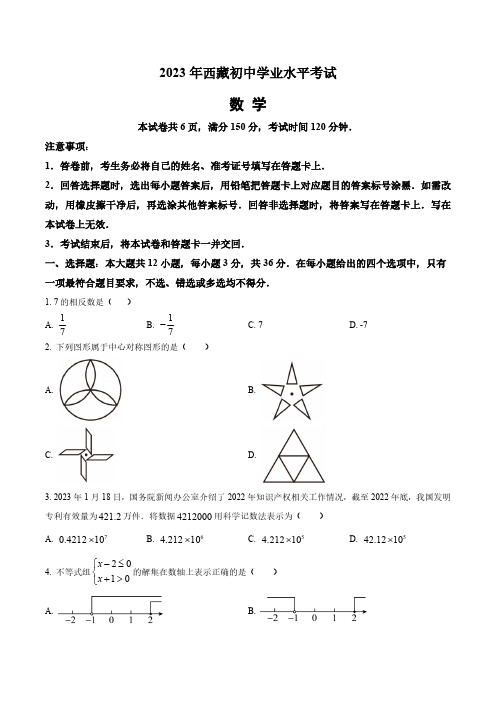 2023年西藏自治区中考数学真题卷(含答案与解析)_1910