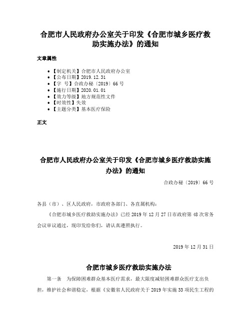 合肥市人民政府办公室关于印发《合肥市城乡医疗救助实施办法》的通知