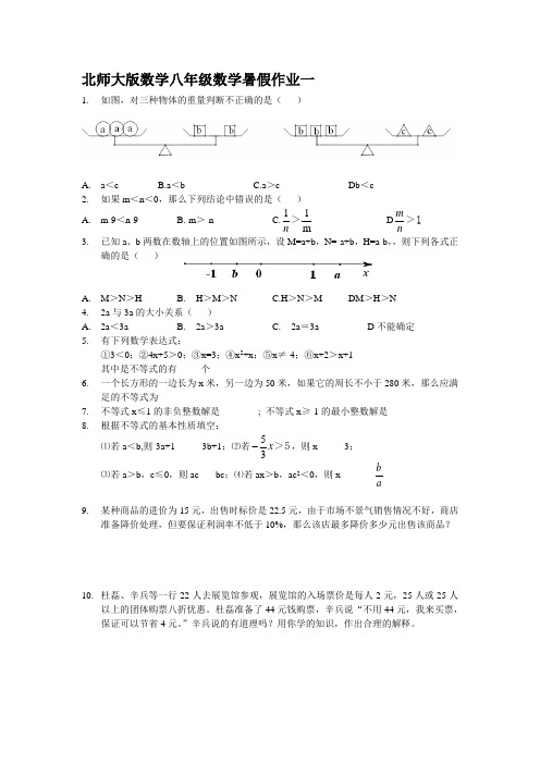 北师大版数学八年级数学暑假作业一