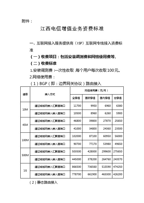 江西电信增值业务资费标准