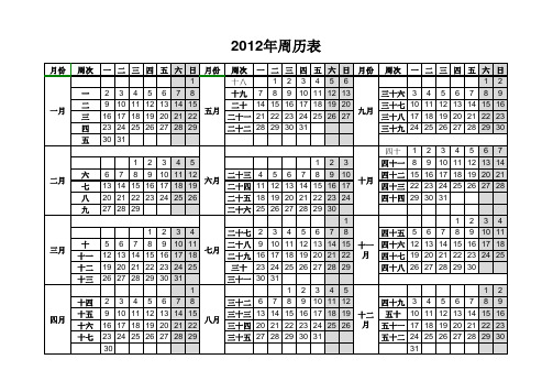 2012年周历表