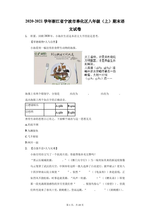 2020-2021学年浙江省宁波市奉化区八年级(上)期末语文试卷(附答案详解)