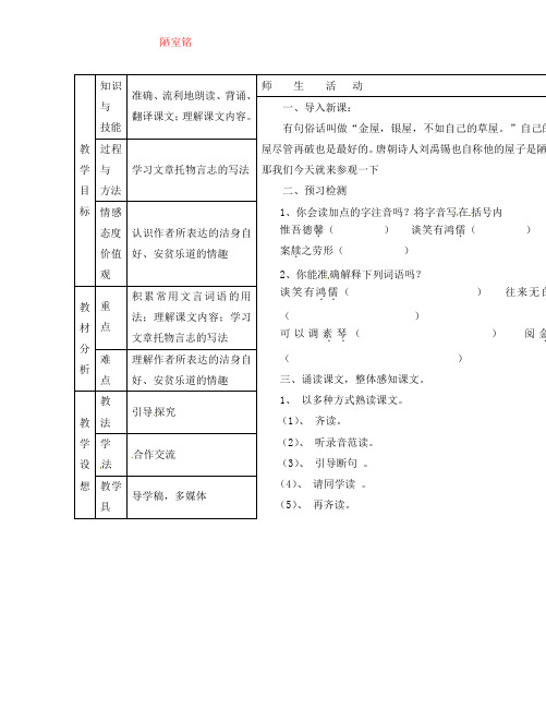 甘肃省宁县第五中学八年级语文上册 22课《陋室铭》导学案(无答案)(新版)新人教版