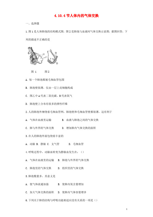 七年级生物下册 4.10.4节人体内的气体交换同步测试 苏教版