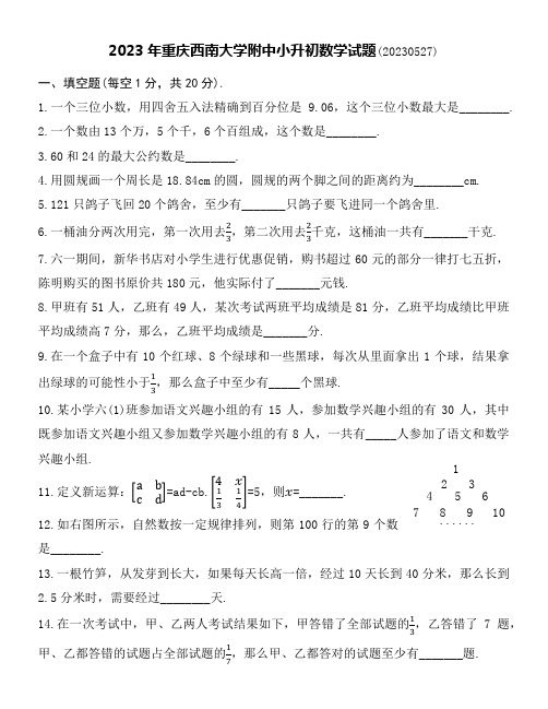 2023年重庆西南大学附中小升初数学试题word版附送详细答案