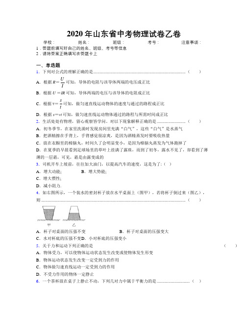 2020年山东省中考物理试卷乙卷附解析