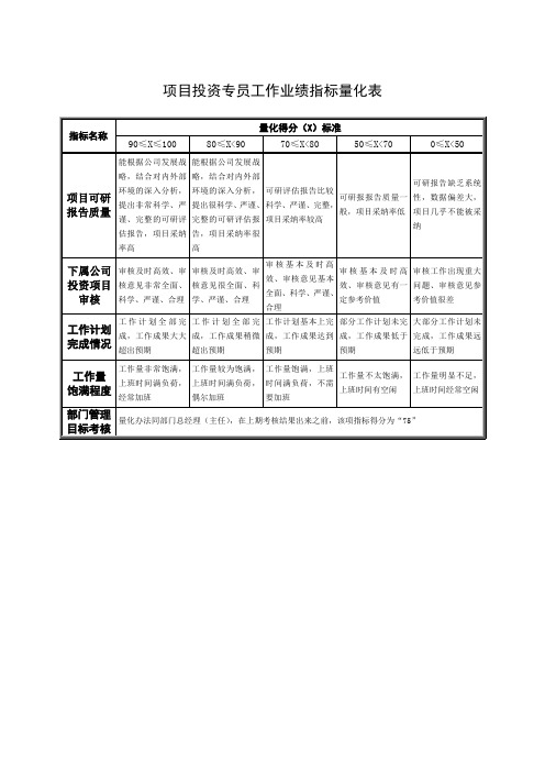 项目投资专员工作业绩指标量化表