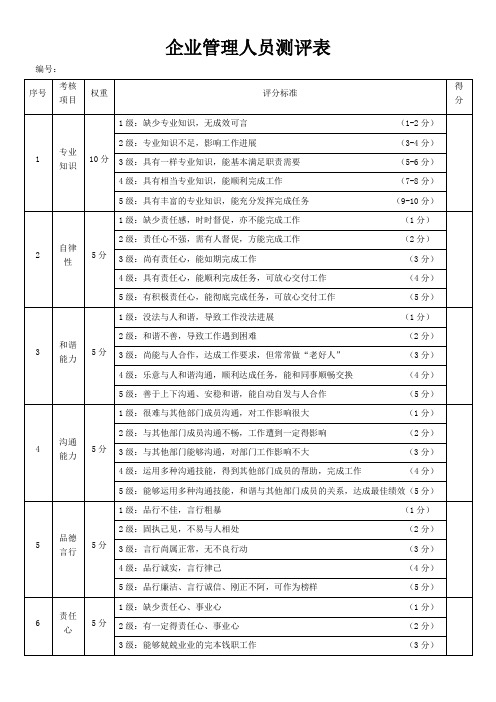 企业管理人员测评表