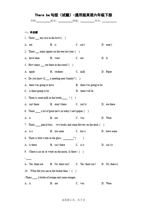There be句型(试题)-通用版英语六年级下册(含解析)