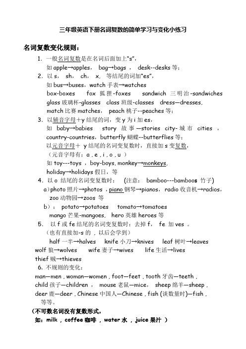 【译林版】三年级英语下册名词复数的简单学习与变化小练习