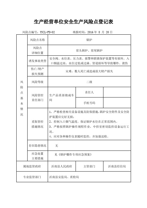 水泥企业生产经营单位安全生产风险点登记表——锅炉