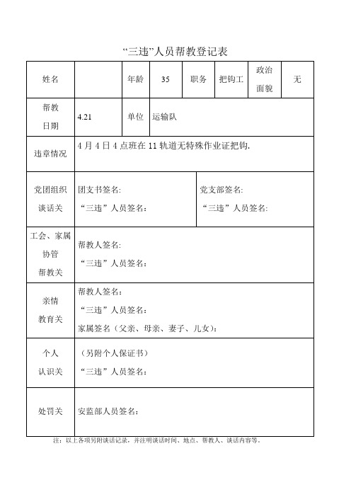 三违人员帮教登记表