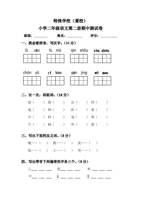 特殊学校(聋校)二年级语文期中试卷