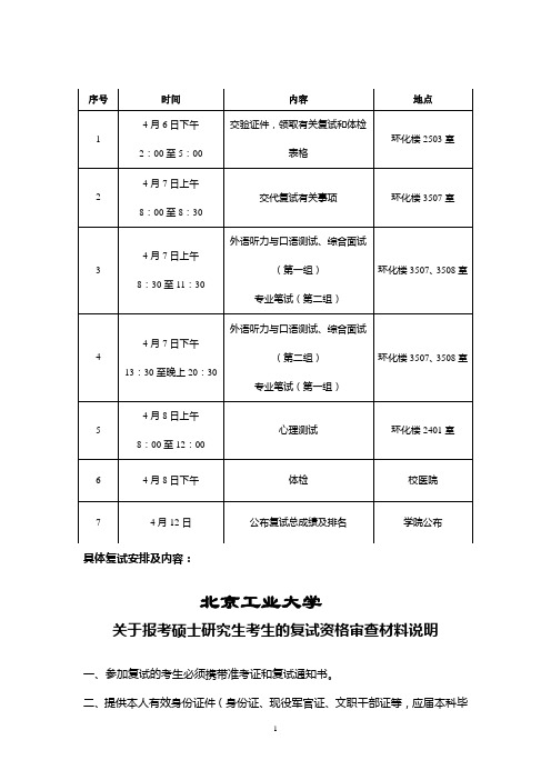 北京工业大学2012具体复试安排及内容及导师简介