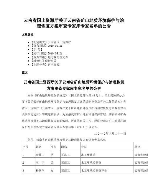 云南省国土资源厅关于云南省矿山地质环境保护与治理恢复方案审查专家库专家名单的公告