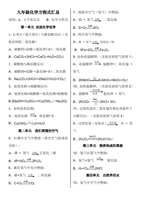 最全九年级化学方程式按章节总结