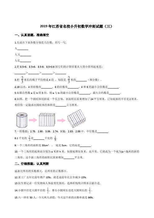 六年级下册数学试题--小升初数学冲刺试题(三) 2019年江苏省名校 苏教版 含答案