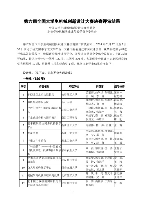 第六届全国大学生机械创新设计大赛决赛评审结果