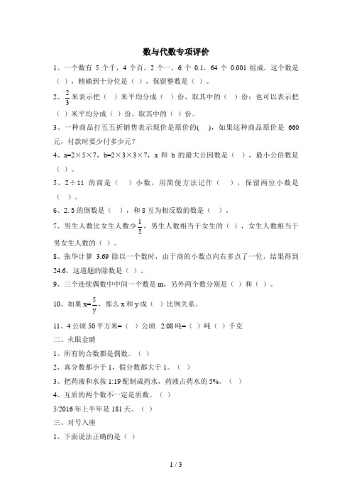 小学数学毕业班数与代数练习题