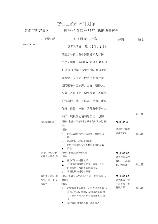 标准护理计划单格式