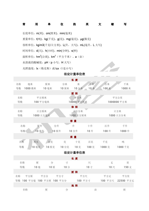 常用单位英文缩写及法定计量单位表