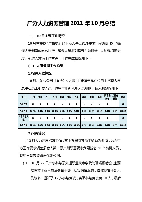 2011年10月广分人力资源部工作总结