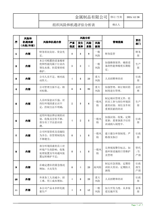 年度组织风险和机遇评估分析表