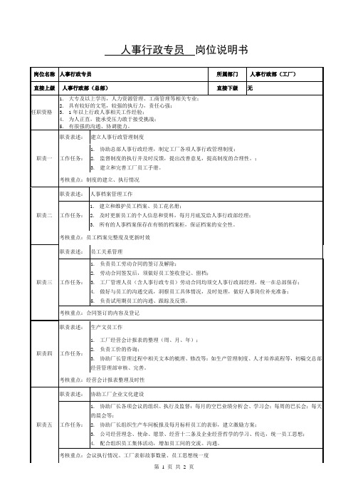 人事行政专员员工岗位职责说明书