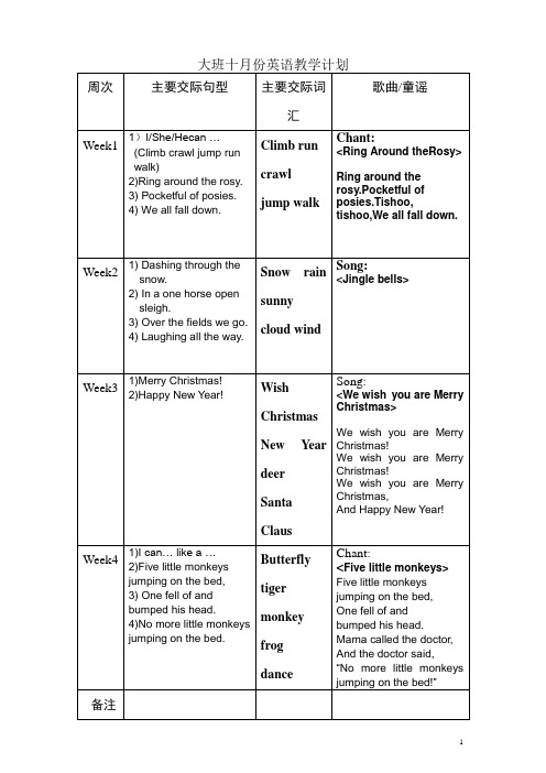 大班十月份英语教学计划