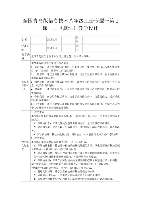 全国青岛版信息技术八年级上册专题一第1课一、《算法》教学设计