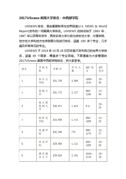 2017USnews美国大学排名：中西部学院